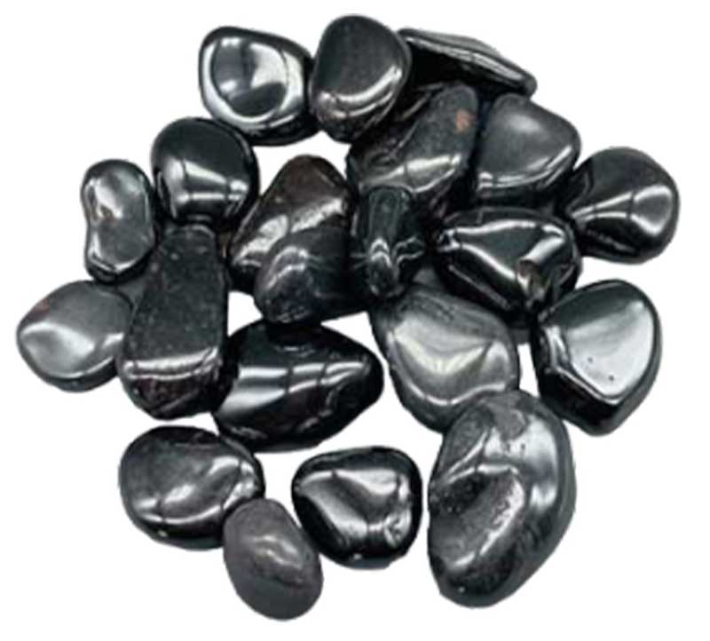 1 pound bag of polished hematite tumbled stones in metallic gray showing natural iron-rich luster, used for grounding and protection crystal work.