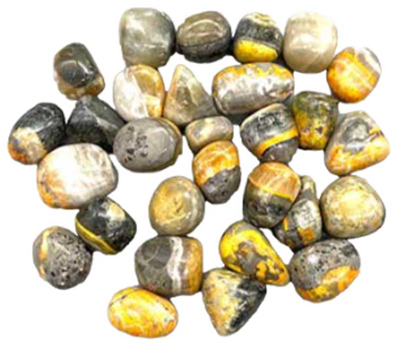 Bumble bee jasper tumbled stones with vivid yellow, orange, and black banding pattern, one pound bulk lot on white surface