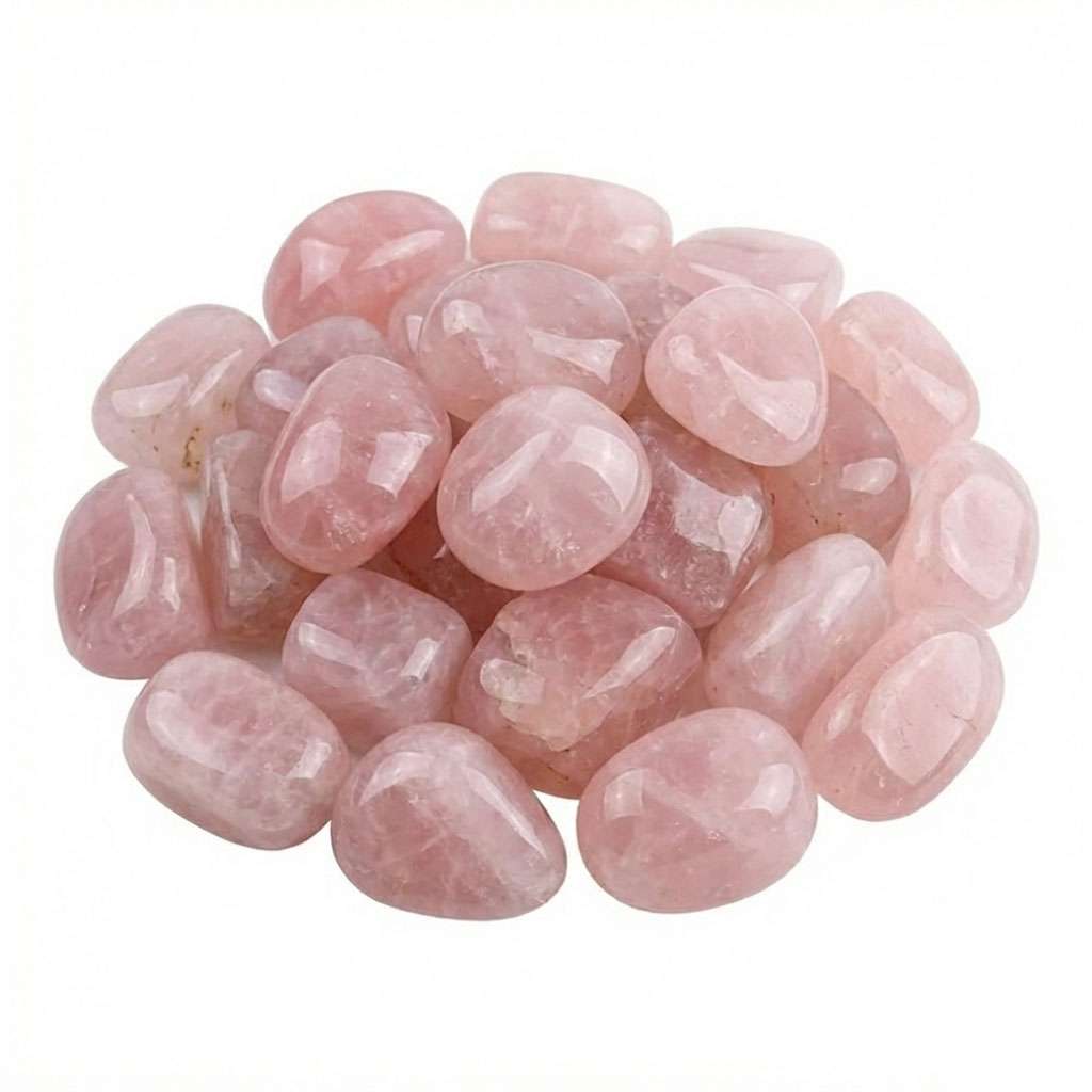 A collection of polished pink stones, resembling small pebbles, arranged in a pile. The stones have a smooth surface and varying shades of pink.
