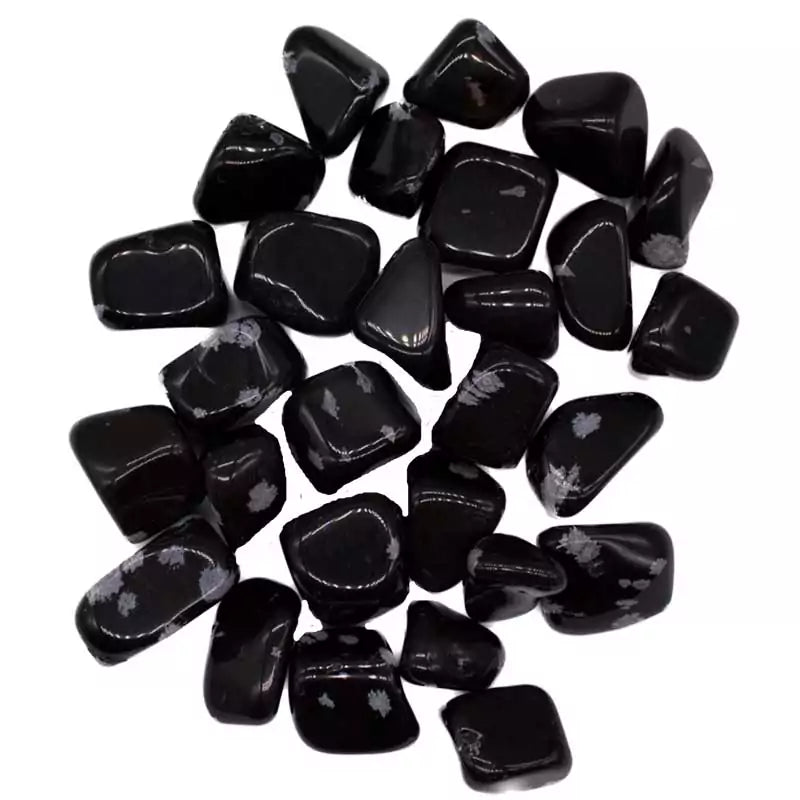 One-pound collection of smooth black snowflake obsidian tumbled stones with white cristobalite patterns for balance releasing patterns and shadow work