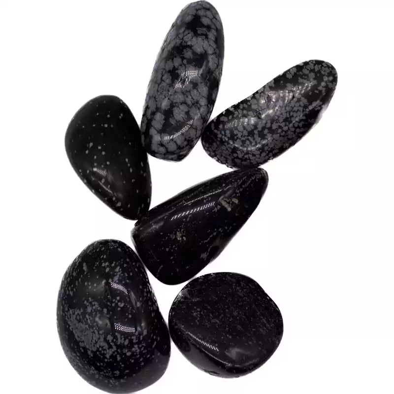 1 lb snowflake obsidian tumbled stones showing polished black volcanic glass with white phenocryst snowflake inclusions.