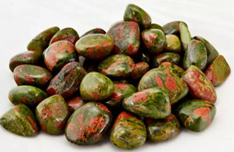 Unakite tumbled stones 1 lb bulk — polished smooth stones in characteristic mottled green and pink pattern for heart and third eye chakra work.