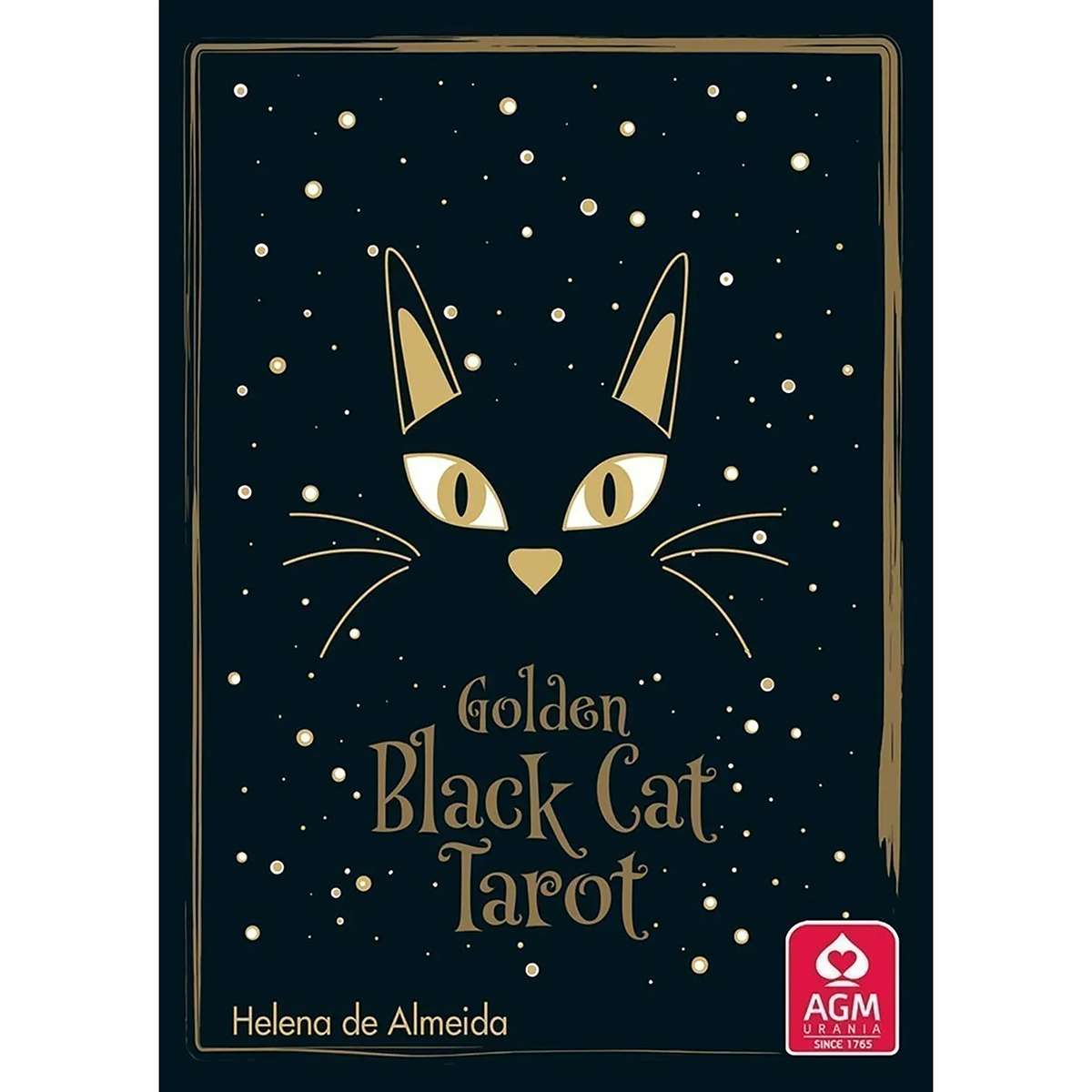 Golden Black Cat Tarot box showing a stylized black cat face with gold ears, whiskers, and eyes against a starry black background, with author Helena de Almeida and publisher AGM Urania.
