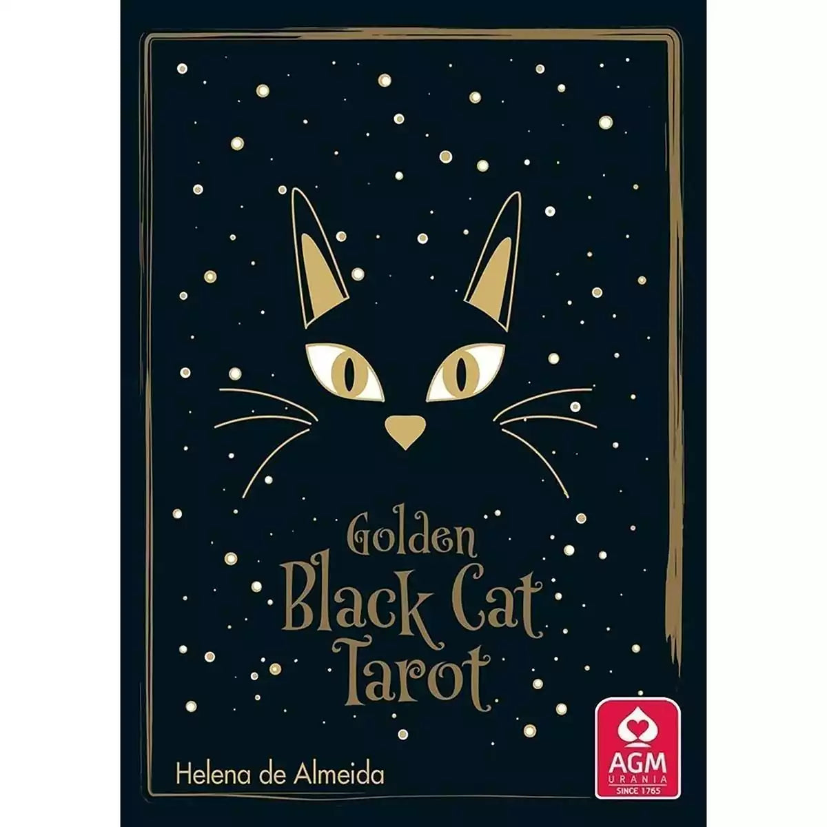 Golden Black Cat Tarot box showing a stylized black cat face with gold ears, whiskers, and eyes against a starry black background, with author Helena de Almeida and publisher AGM Urania.