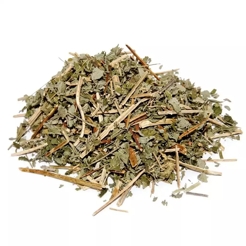 Dried cut agrimony herb leaves and stems piled together in green and brown shades — 2oz of Agrimonia eupatoria cut herb for protection, hex-breaking, and reversing ritual work in folk magic.