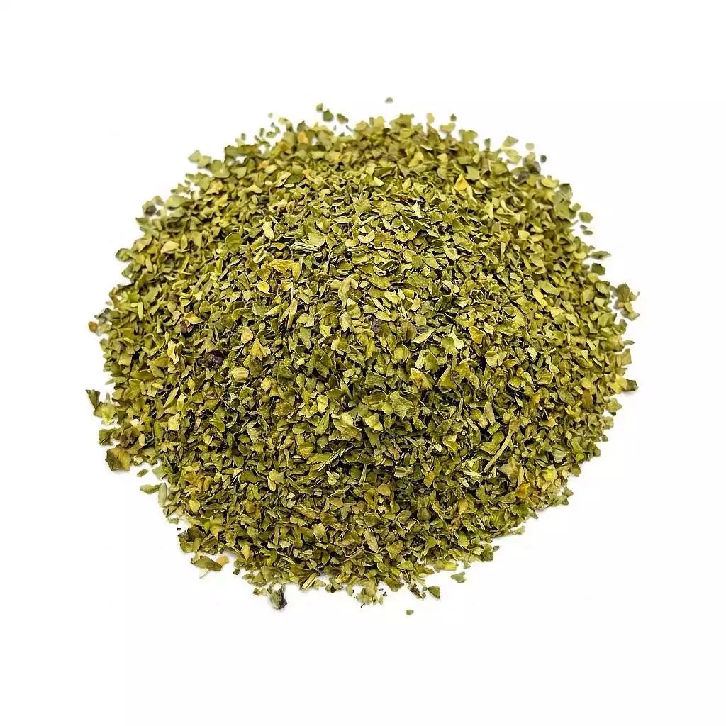 2 oz cut dried basil leaf in natural green flaked form — prosperity protection ritual herb for floor washes and spells.