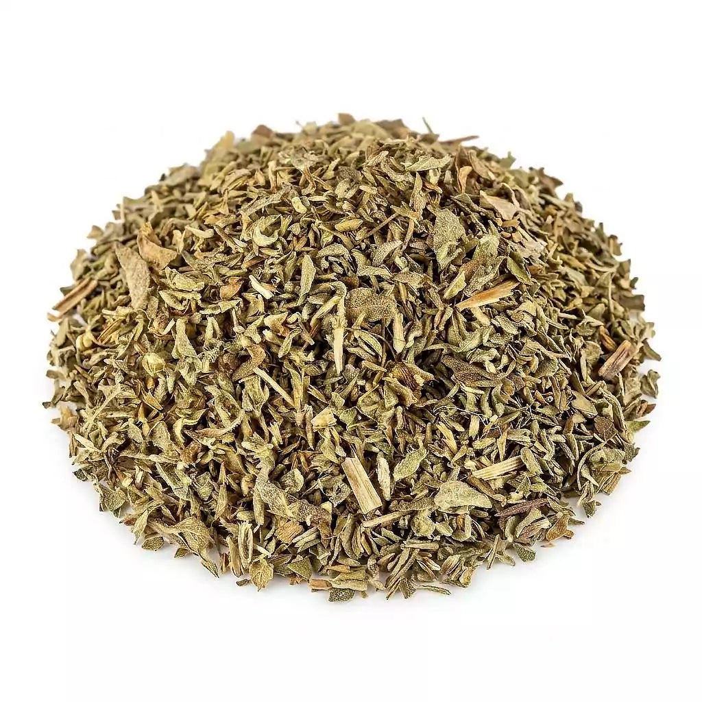 Dried pennyroyal leaf Mentha pulegium cut herb pieces in a coarse pile showing natural green-brown dried herb material