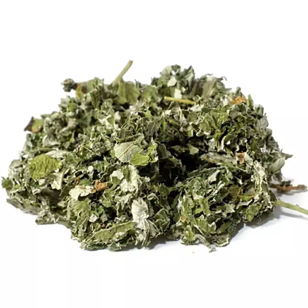 Dried Raspberry Leaf Cut 2oz — loose dried green herb leaves and stems of Rubus idaeus for love ritual sachets, feminine magic, and herbal spell work preparation.
