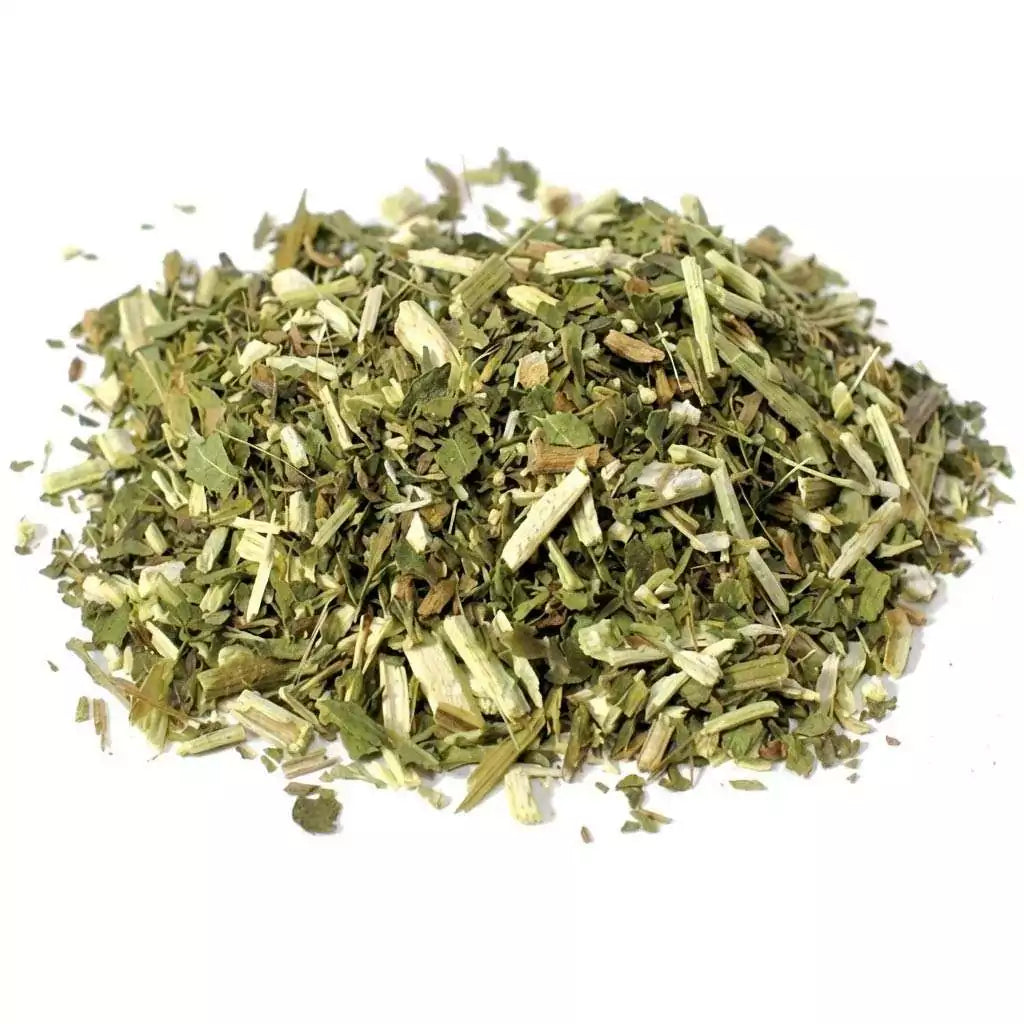A pile of dried cut and sifted vervain herb in mixed green shades — 2oz of blue vervain (Verbena hastata) cut herb for protection, love spells, and traditional European folk magic practice.