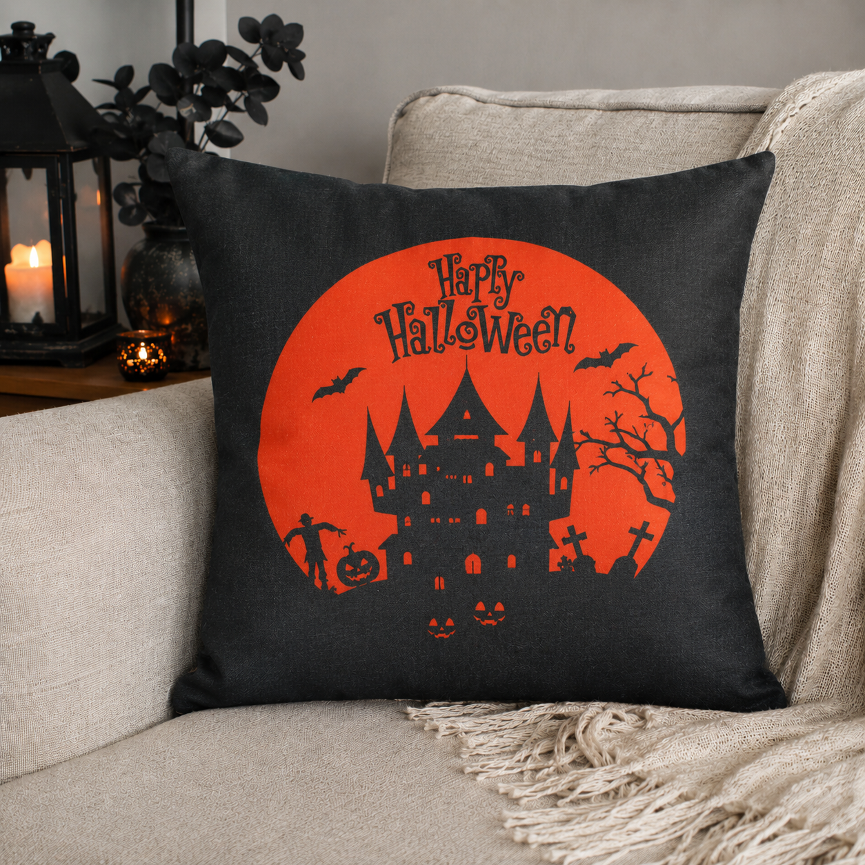 Halloween Burlap Canvas Throw Pillow Covers – Trick or Treat, Haunted House &amp; Jack-O’-Lantern Designs