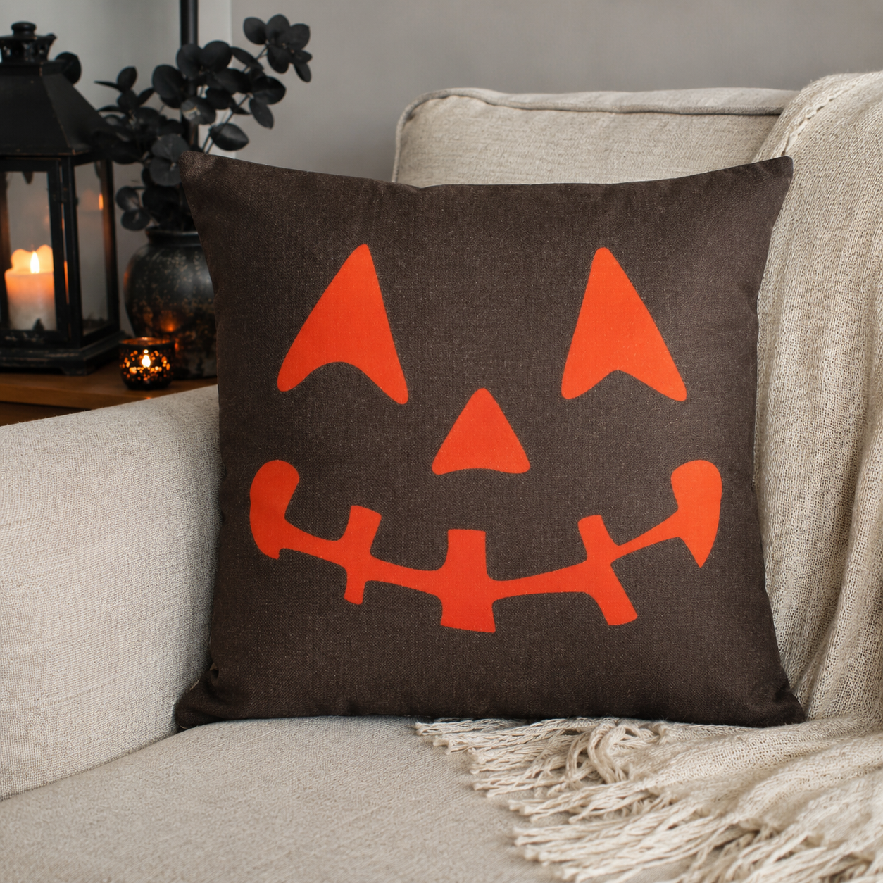 Halloween Burlap Canvas Throw Pillow Covers – Trick or Treat, Haunted House &amp; Jack-O’-Lantern Designs