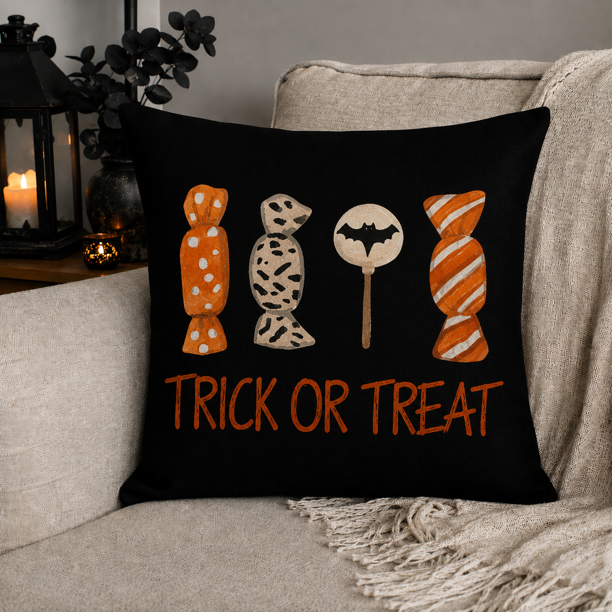 Halloween Burlap Canvas Throw Pillow Covers – Trick or Treat, Haunted House &amp; Jack-O’-Lantern Designs