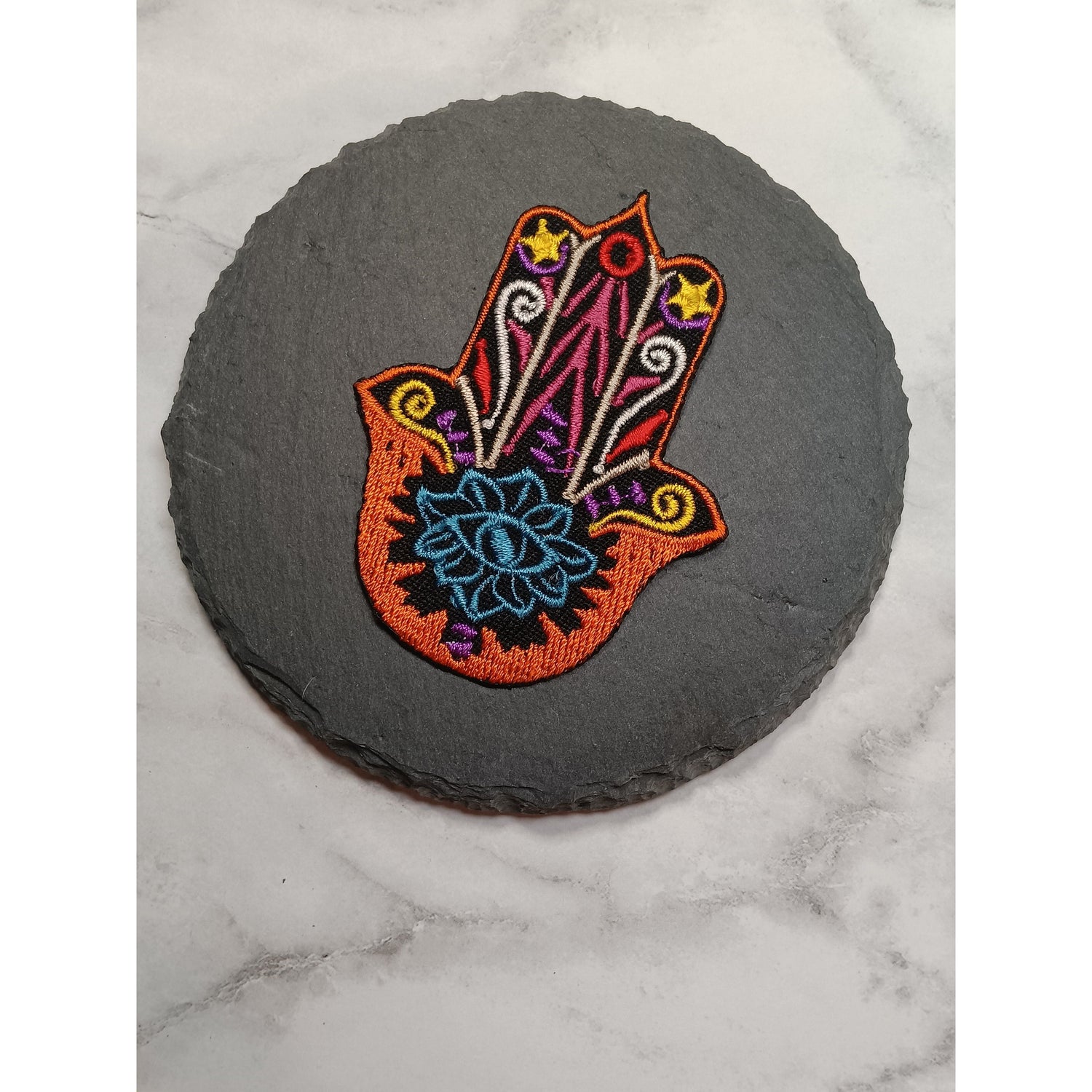 Embroidered Hamsa Hand Iron-On Patch – Blue Lotus &amp; Evil Eye Symbol