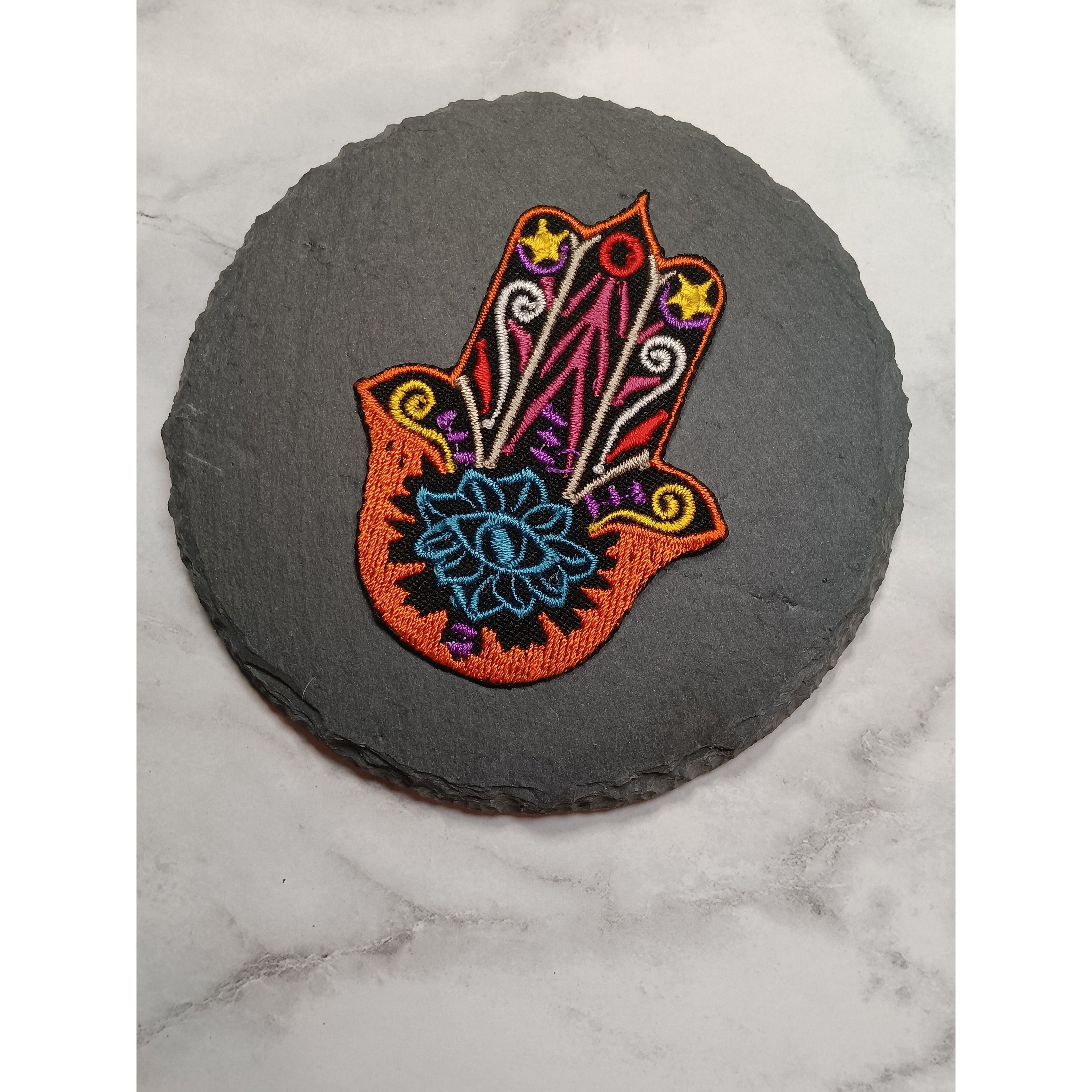 Embroidered Hamsa Hand Iron-On Patch – Blue Lotus &amp; Evil Eye Symbol