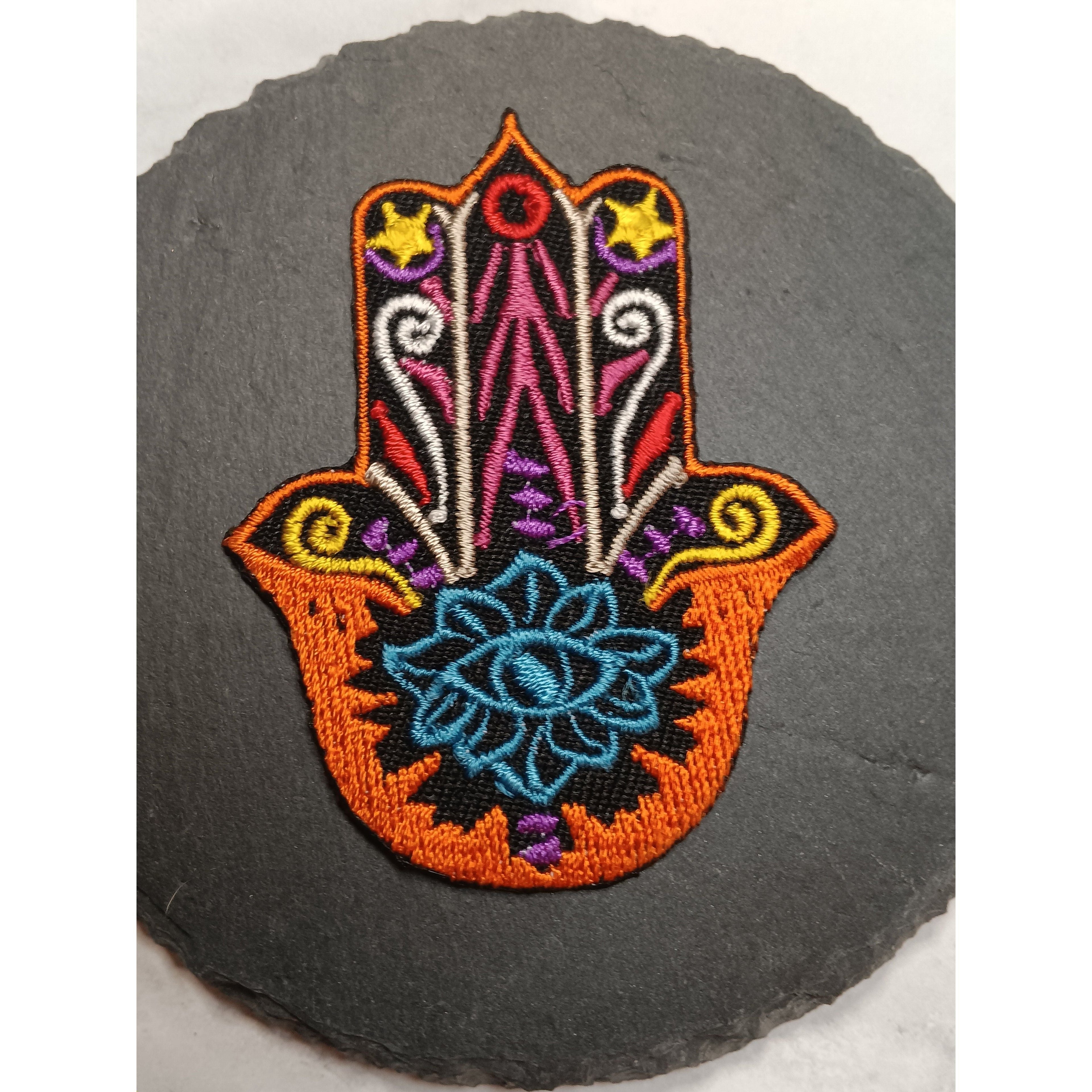 Embroidered Hamsa Hand Iron-On Patch – Blue Lotus &amp; Evil Eye Symbol