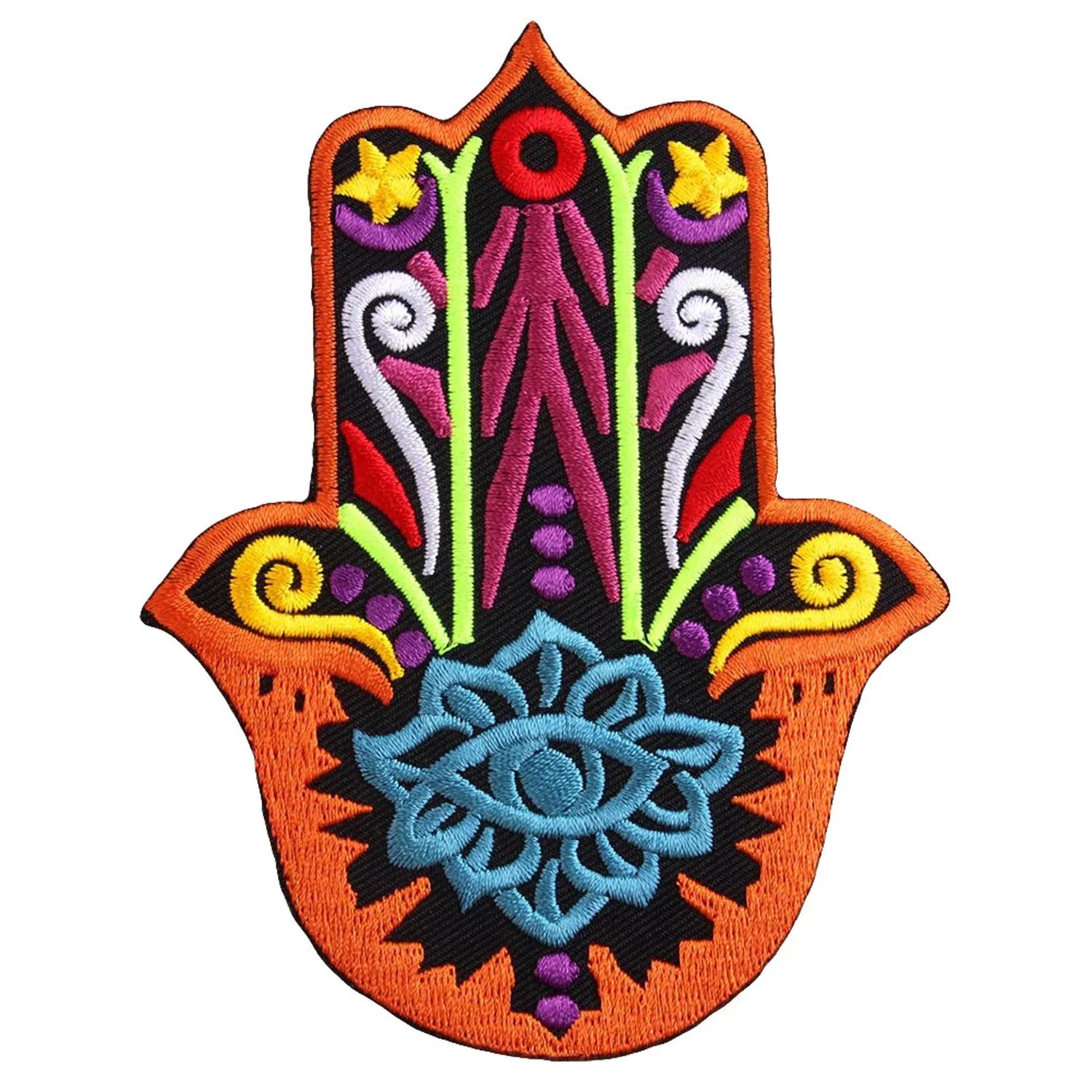 Embroidered Hamsa Hand Iron-On Patch – Blue Lotus &amp; Evil Eye Symbol