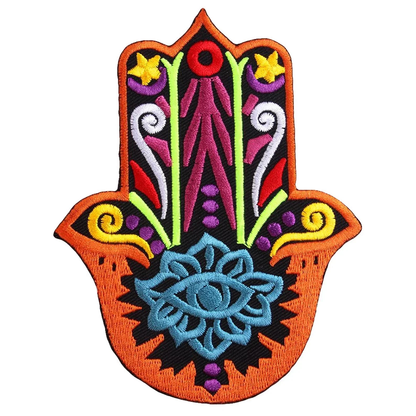 Embroidered Hamsa Hand Iron-On Patch – Blue Lotus &amp; Evil Eye Symbol