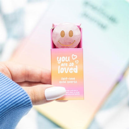 You Are So Loved – Happy Face Rose Quartz Crystal | Self-Love &amp; Wellbeing Gift
