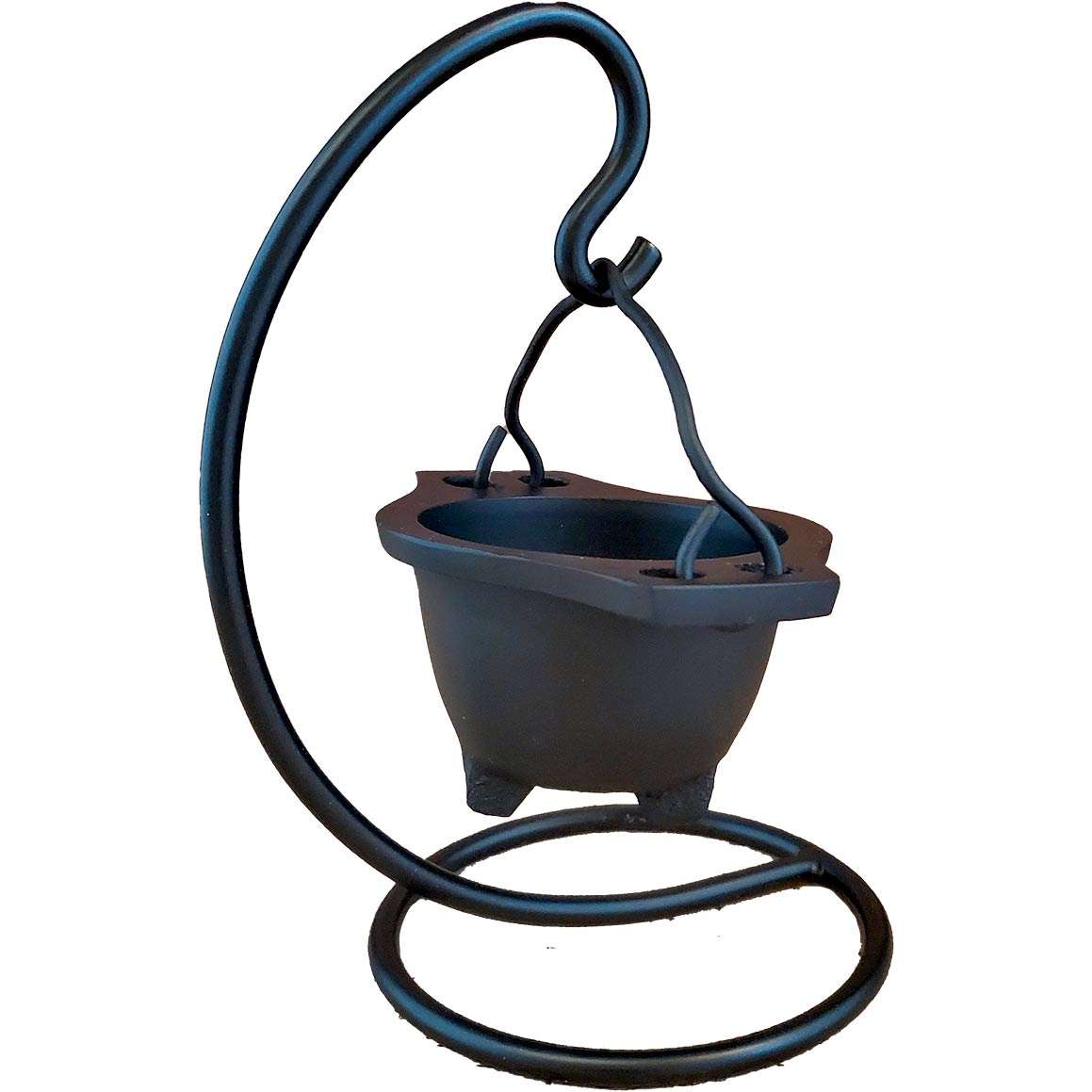 Black cast iron hanging cauldron on a curved iron stand — showing the suspended ritual cauldron in full-height display for altar use.
