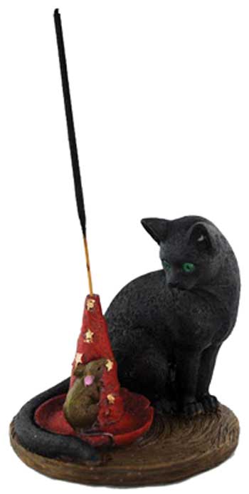 A black cat figurine seated next to a small mouse wearing a red wizard hat — a whimsical novelty incense stick holder with magical feline and mouse design for witchy altar decor.