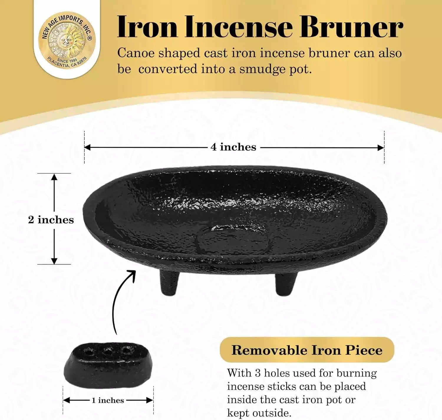 Cast iron cauldron incense burner 4 inches wide in gloss black — three-legged Gothic design for smudging and resin burning.