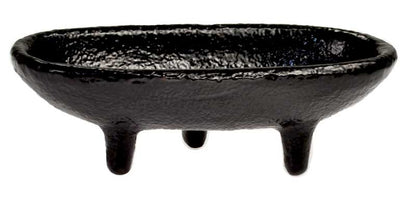 4-inch gloss black cast iron cauldron incense burner in a canoe shape with three short legs for stable altar use.