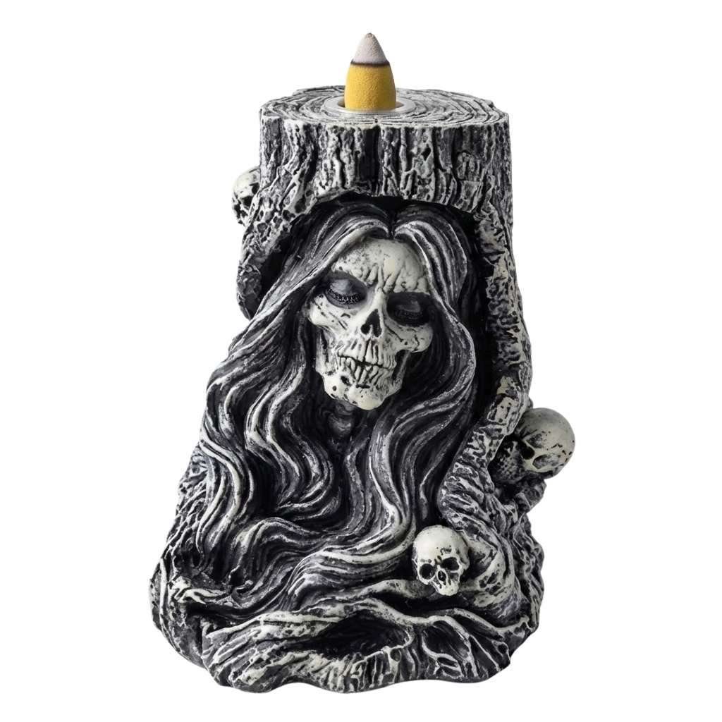 Six-inch Grim Reaper and skulls backflow incense burner in cold-cast resin — gothic smoke waterfall burner for ancestor altars and dark aesthetic ritual spaces.