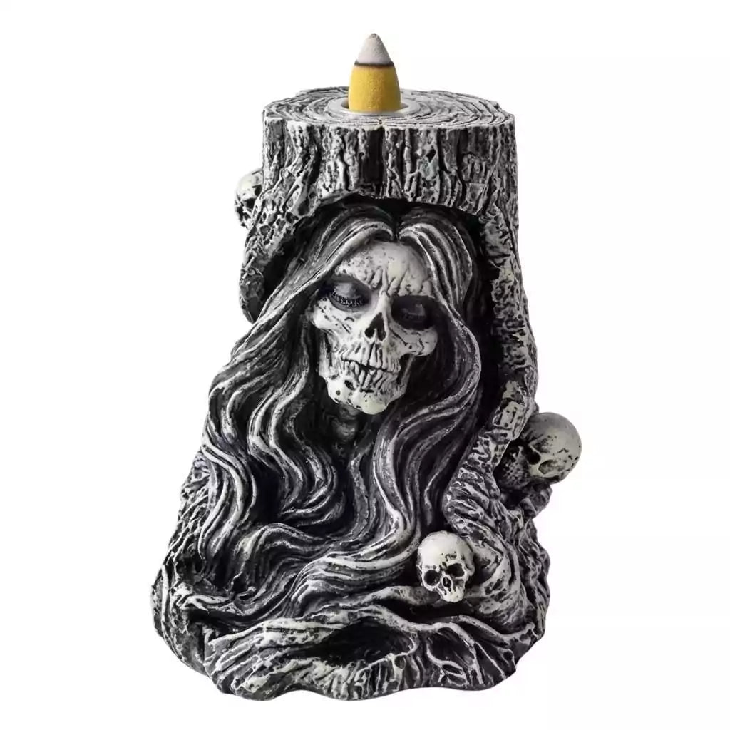 Six-inch Grim Reaper and skulls backflow incense burner in cold-cast resin — gothic smoke waterfall burner for ancestor altars and dark aesthetic ritual spaces.