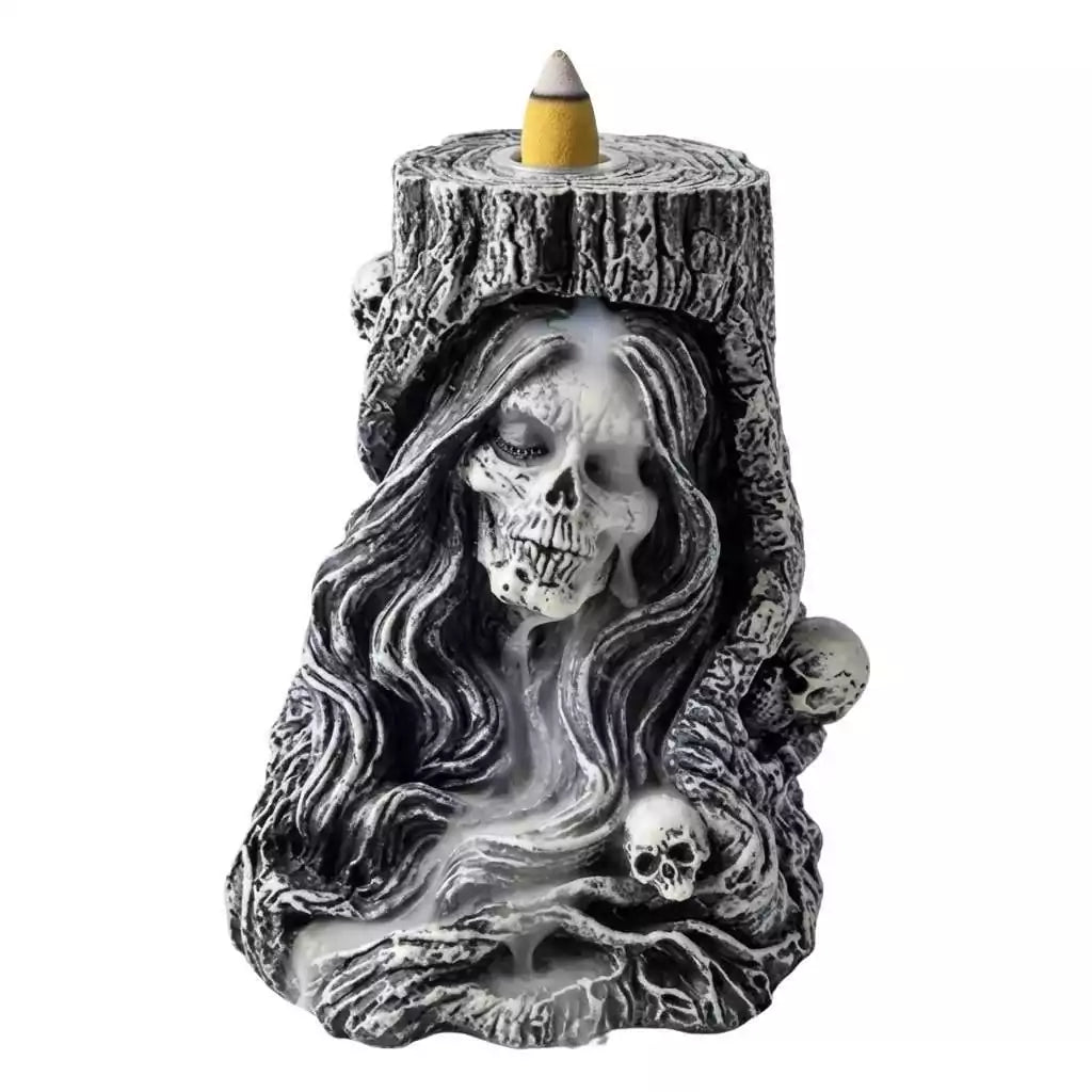 Reaper backflow incense burner 6 inches showing cascading smoke waterfall effect from backflow cone — gothic skull design for samhain and ancestor ritual work.