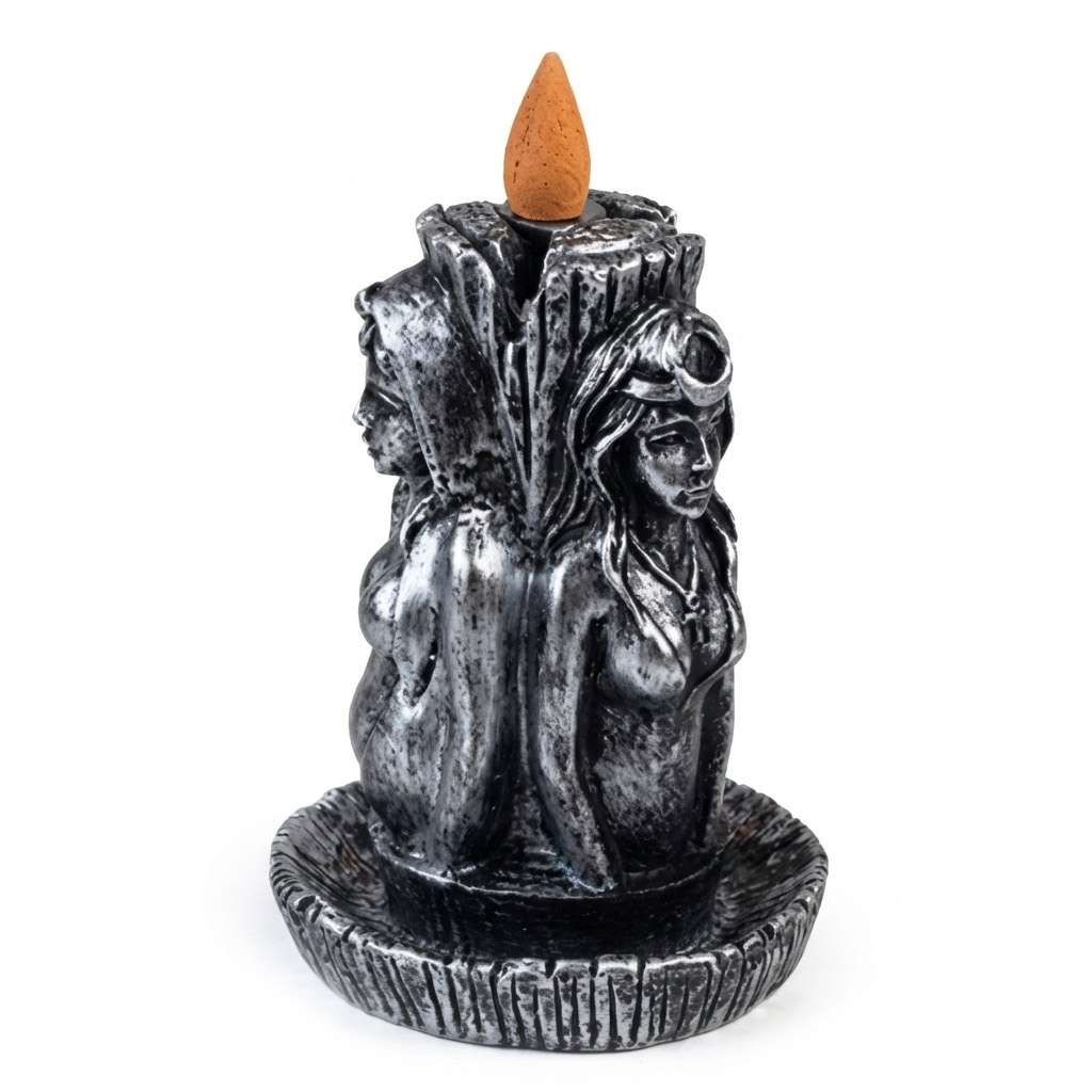 5.5-inch Maiden Mother Crone Triple Goddess backflow incense burner in resin with two stylized feminine figures, designed for reverse-cascade incense cone smoke effect.