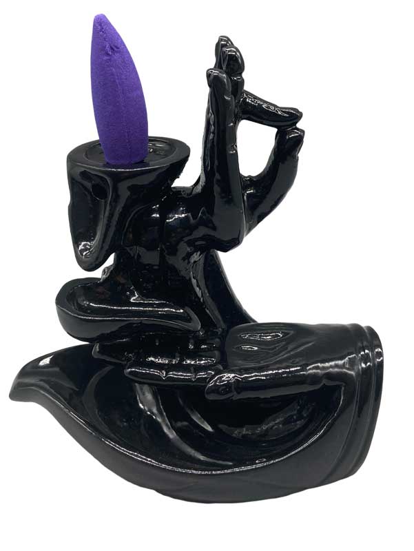 5-inch Hand of Compassion Hamsa-shaped ceramic backflow incense burner — showing cascading waterfall smoke effect for meditation and altar use.