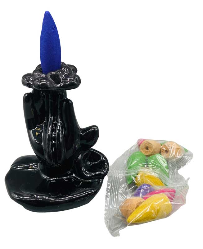 3.5-inch black resin Flower and Hand backflow incense burner shaped as an outstretched hand with a flower, designed for downward cascading smoke cone effect on altars.