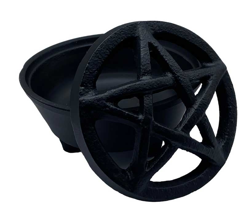 Pentagram cast iron cauldron 3.25 inch with three short legs and pentagram base embossment — compact black Wiccan altar smudge bowl.