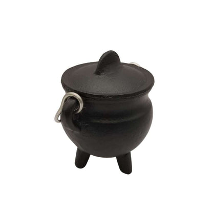 Small black cast iron cauldron with fitted lid, three legs, and a side handle — 2.75-inch mini ritual burning pot for altar use.