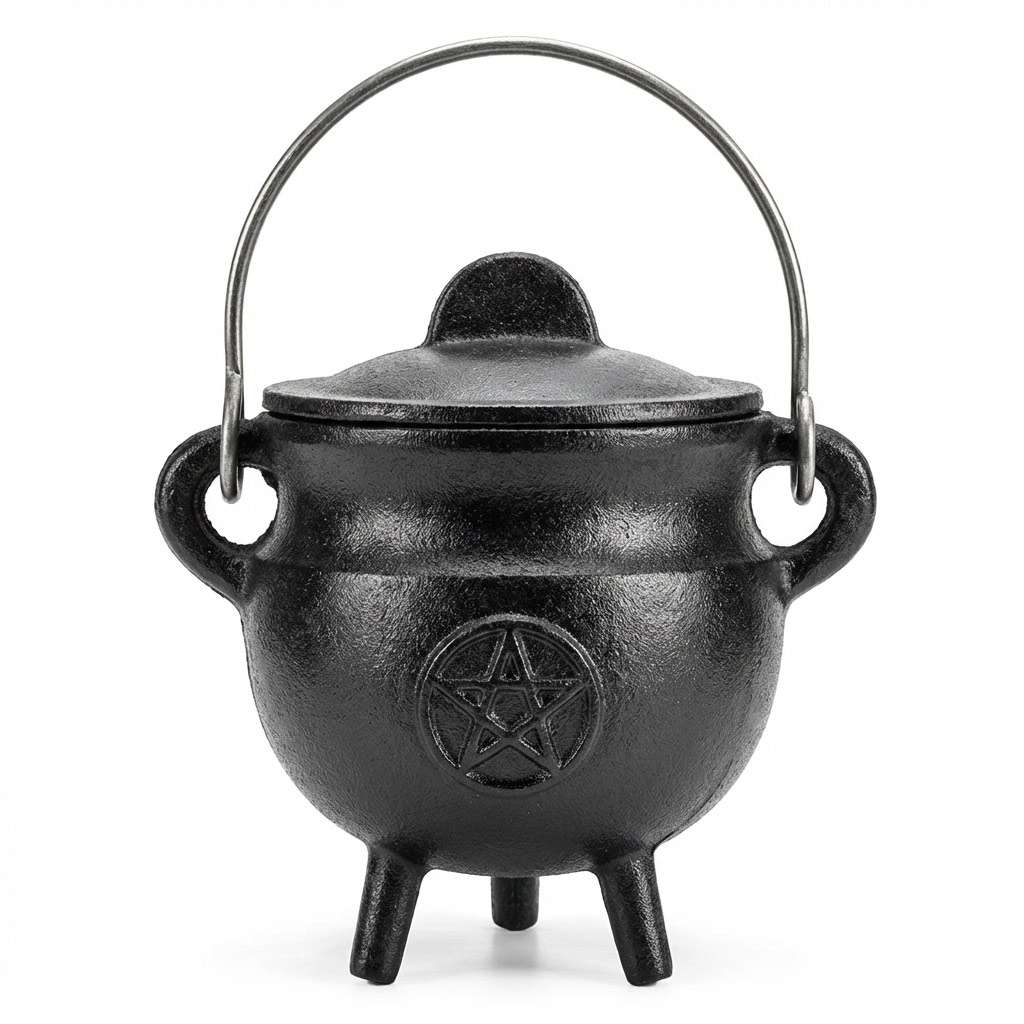Pentagram Cast Iron Cauldron with Lid 2 3/4 inch — black three-legged iron cauldron with embossed pentagram symbol on front and lid for Wiccan ritual incense and smudge work.