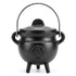 Pentagram Cast Iron Cauldron with Lid 2 3/4 inch — black three-legged iron cauldron with embossed pentagram symbol on front and lid for Wiccan ritual incense and smudge work.