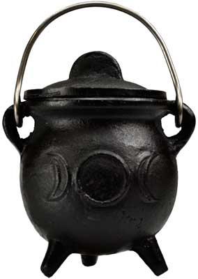 Triple Moon cast iron cauldron 3 inch with lid — small black iron cauldron showing triple moon symbol on body with fitted lid and handle.