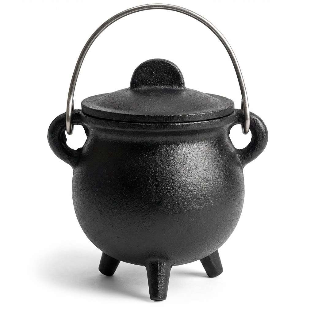 3-inch plain cast iron cauldron with fitted lid, used as a ritual burning vessel for herbs, resin incense, and loose charcoal on the altar.