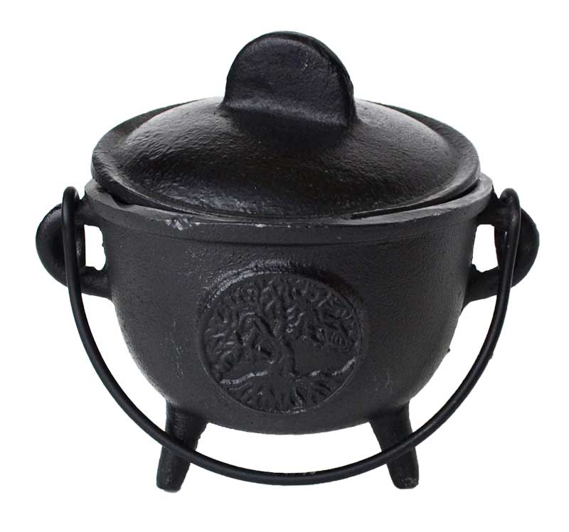 5" Cast Iron Cauldron, Tree of Life Design, with Lid