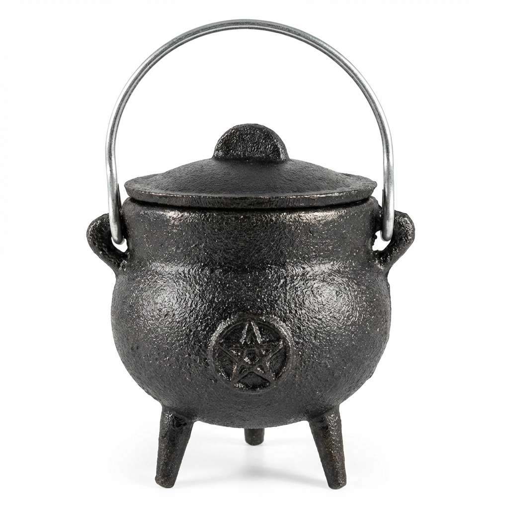 Black cast iron pentagram cauldron 3 inch with lidded top and three short legs — compact Wiccan altar incense burner.