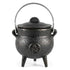 Black cast iron pentagram cauldron 3 inch with lidded top and three short legs — compact Wiccan altar incense burner.