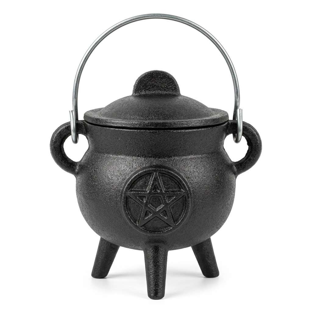 3-inch black cast iron cauldron with pentagram embossed on the side, fitted lid, three short legs, and a small handle on top.