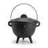 Triquetra cast iron cauldron 4.5 inch with lid — small black iron cauldron with Celtic triple-knot triquetra embossed design and domed lid for altar ritual work.