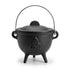 Triquetra cast iron cauldron 4.5 inch with lid — small black iron cauldron with Celtic triple-knot triquetra embossed design and domed lid for altar ritual work.