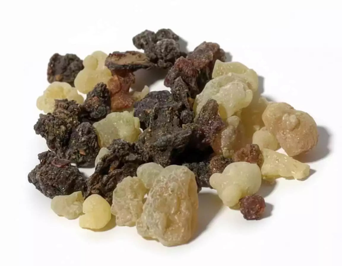 Pile of pale frankincense and dark myrrh resin pieces.