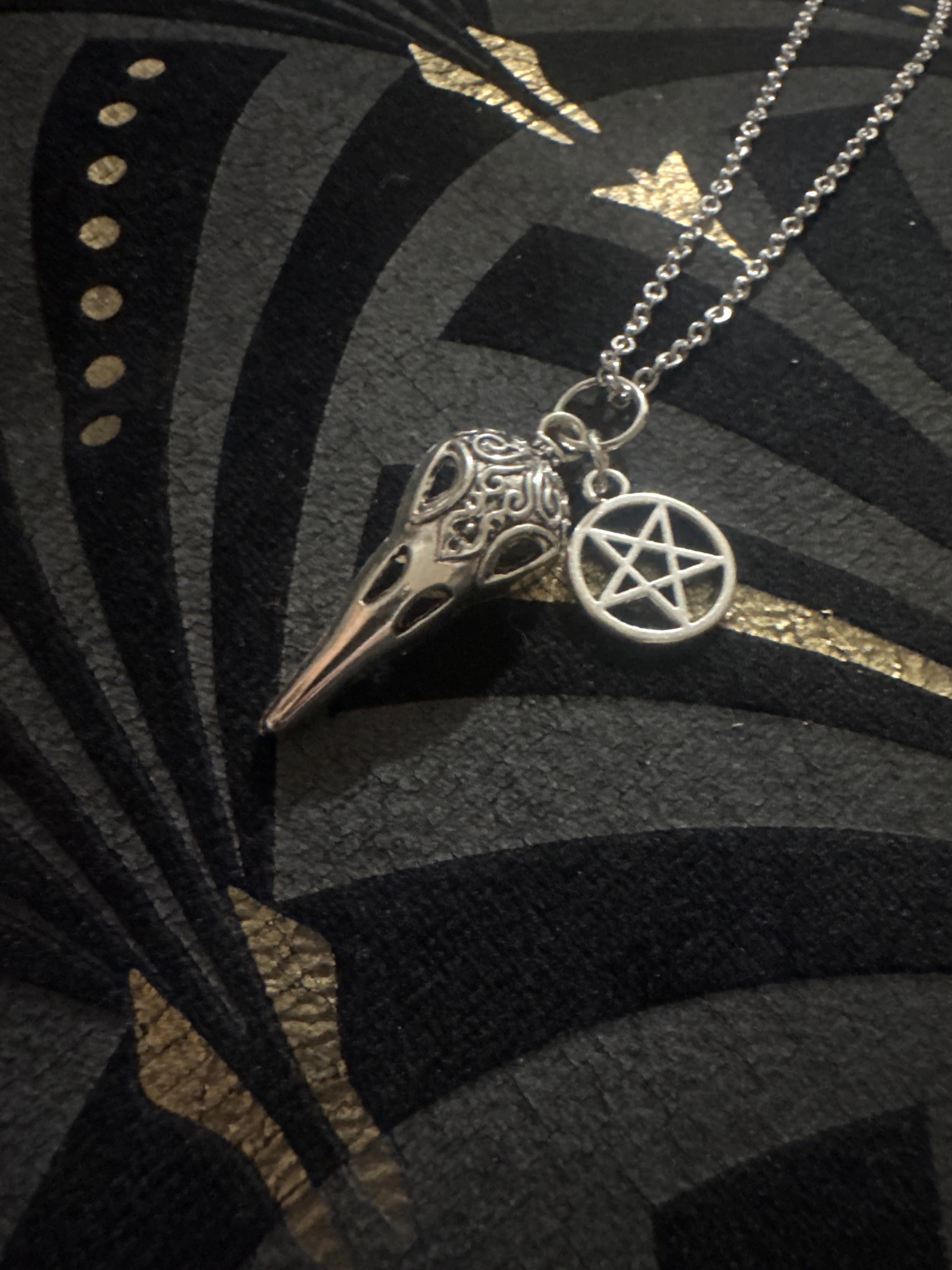 Silver Raven Skull and Pentagram Necklace