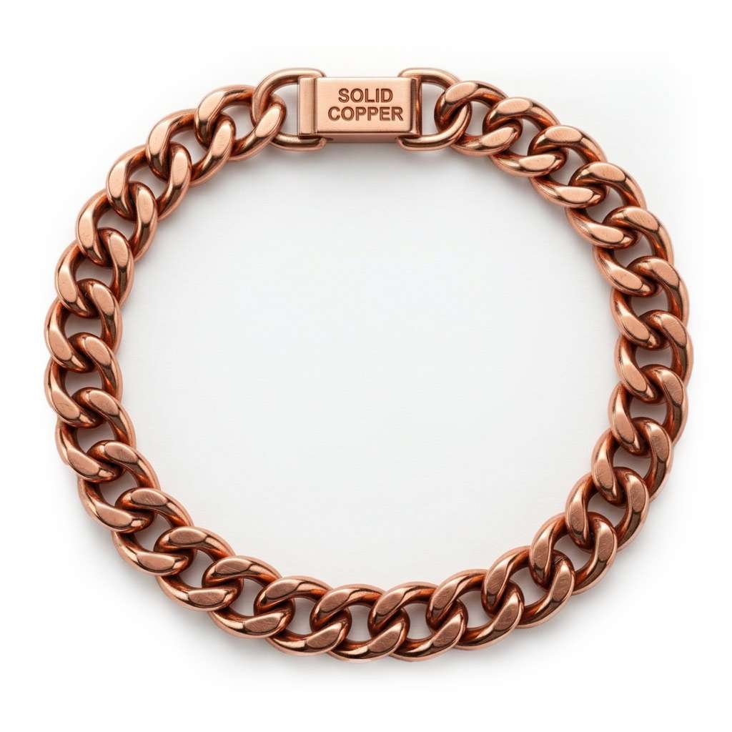 Solid copper link bracelet with interlocking chain links and clasp stamped SOLID COPPER — heavy traditional healing jewelry displayed flat.