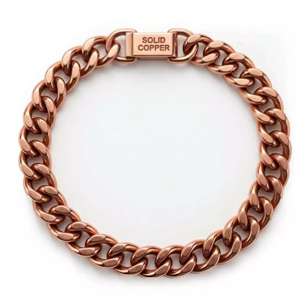 Solid copper link bracelet with interlocking chain links and clasp stamped SOLID COPPER — heavy traditional healing jewelry displayed flat.