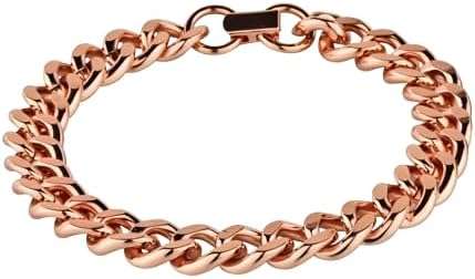 Solid copper heavy chain bracelet with interlocking links close-up — bold rose-gold toned copper healing jewelry displayed on surface.