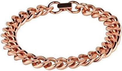 Solid copper heavy chain bracelet with interlocking links close-up — bold rose-gold toned copper healing jewelry displayed on surface.